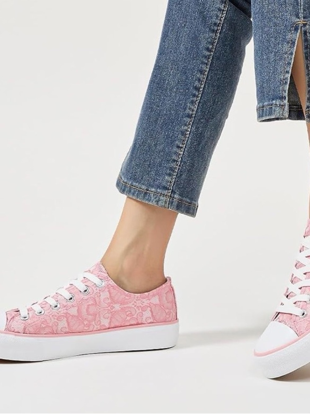Pink Lace Low-Top Women's Sneakers - Casual Canvas Fashion— Women’s sizes 5-11 - Picture 3 of 3